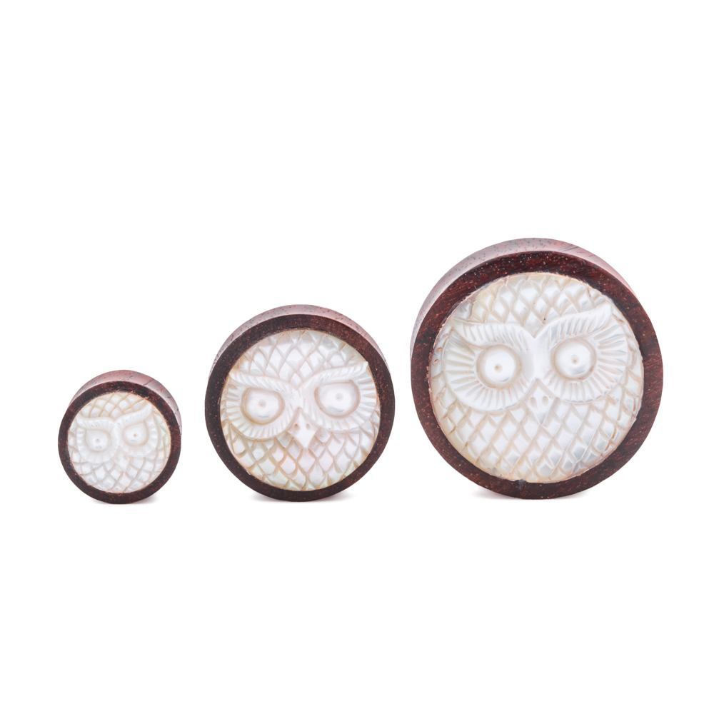 Mother of Pearl Owl Inlaid Sono Wood Plug Pair