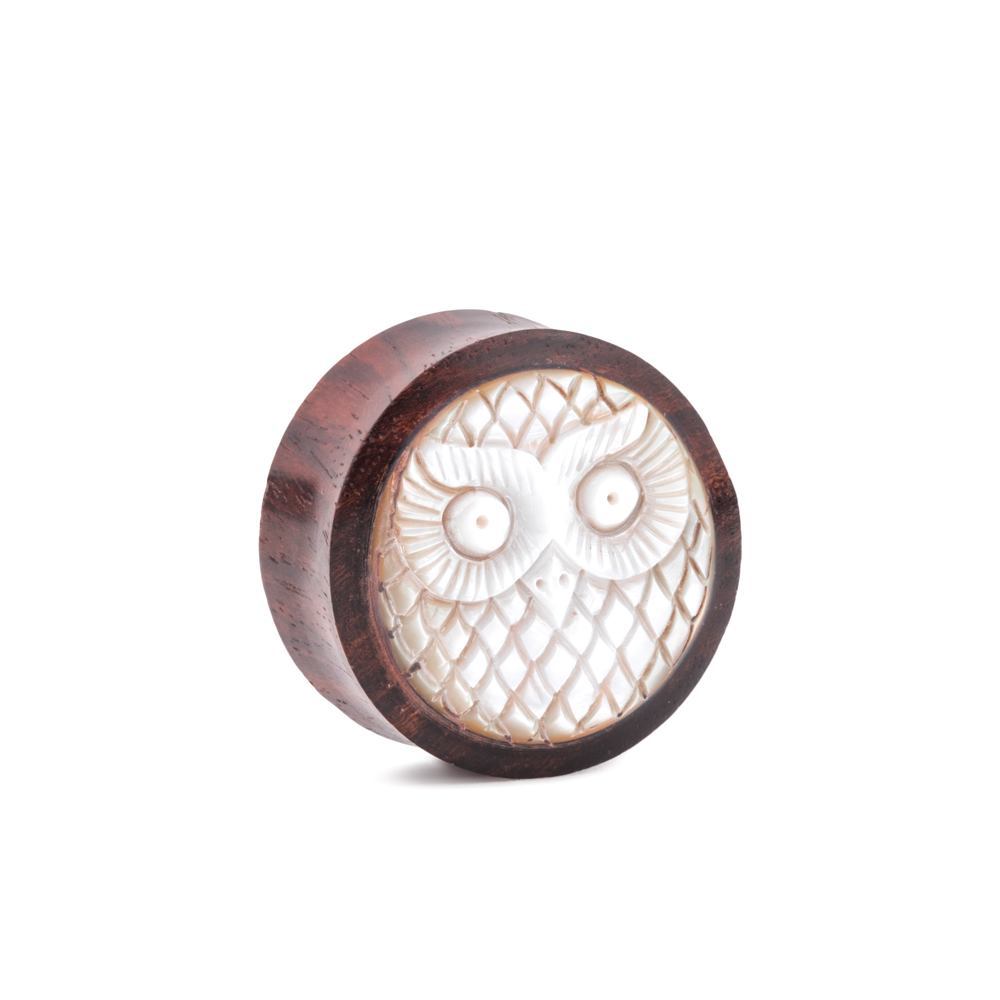 Mother of Pearl Owl Inlaid Sono Wood Plug - 14mm-30mm - Price Per 1