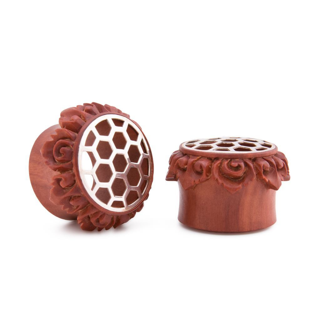 Saba Wood Plug with .925 Sterling Silver Honeycomb Inlay – Back