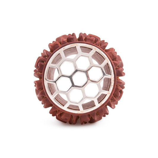 Saba Wood Plug with .925 Sterling Silver Honeycomb Inlay - 16mm-30mm - Price Per 1