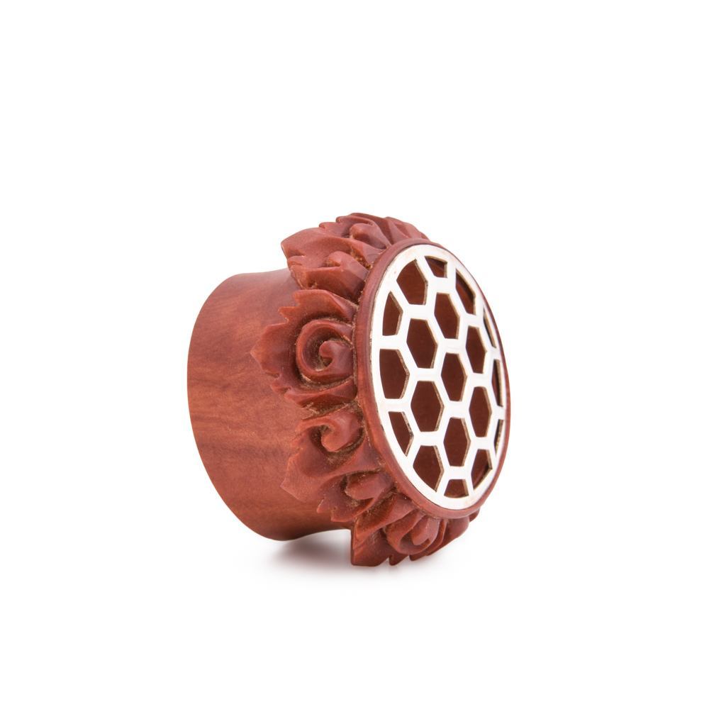 Saba Wood Plug with .925 Sterling Silver Honeycomb Inlay – Front