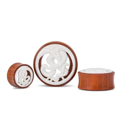 Serpent Protector Chang Wood Tunnel with Bone Carving — 20mm – 1-1/2" — Price Per 1 - Painful Pleasures