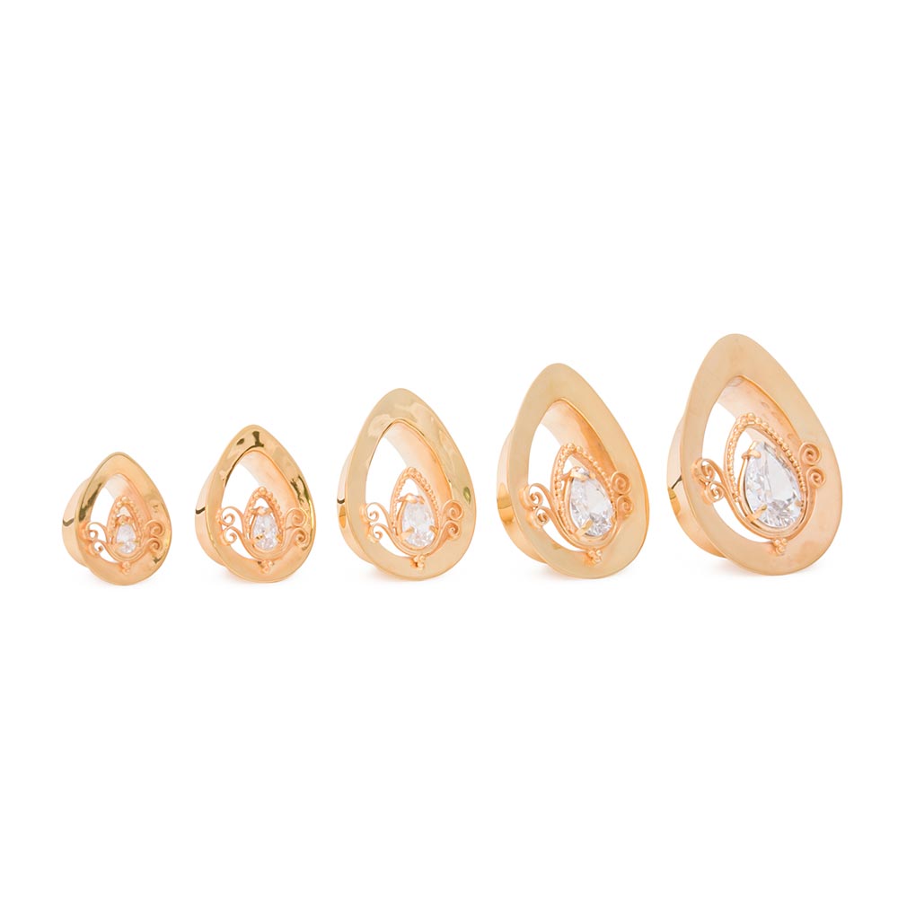 Gold Plated Crystal Teardrop Tunnel — Pair