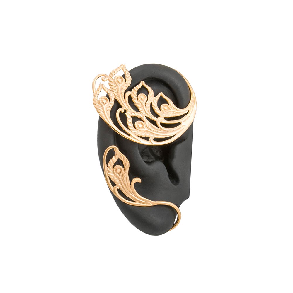 Peacock Feathered Gold Plated Ear Wrap — Right Ear