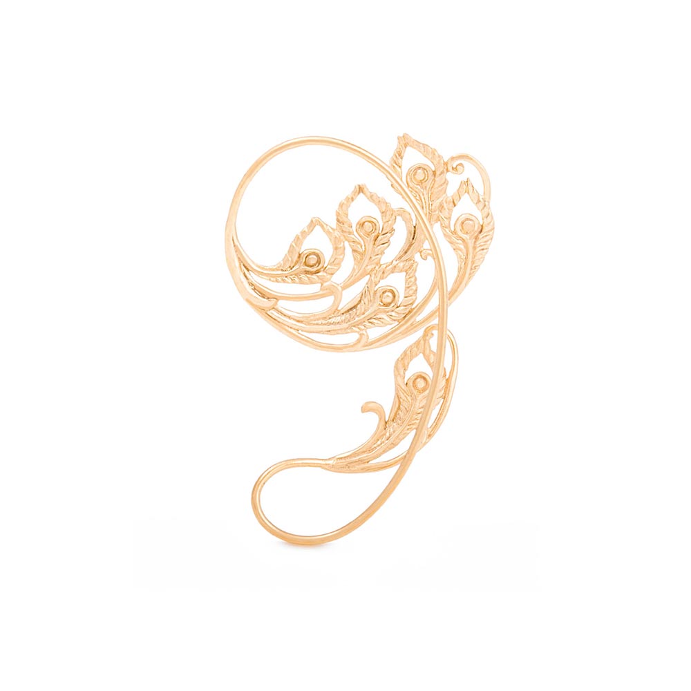 Peacock Feathered Gold Plated Ear Wrap — Left Ear