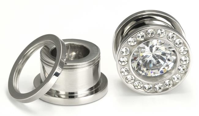 BLING Threaded Tunnel Plugs High Polish Steel Ear Jewelry 0g - 1