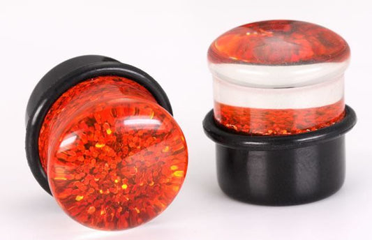 RED GLITTER TOP HAT Acrylic Plug with Black Oring - 6g - 5/8" - Price Per 1