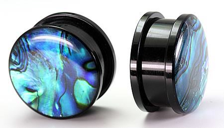 Acrylic Threaded Tunnel with Front ABALONE SHELL in sizes 12g up to 1"