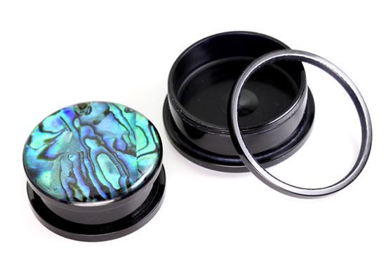 Acrylic Threaded Tunnel with Front ABALONE SHELL in sizes 12g up to 1"