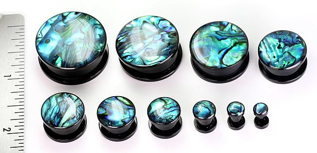 Acrylic Threaded Tunnel with Front ABALONE SHELL in sizes 12g up to 1"