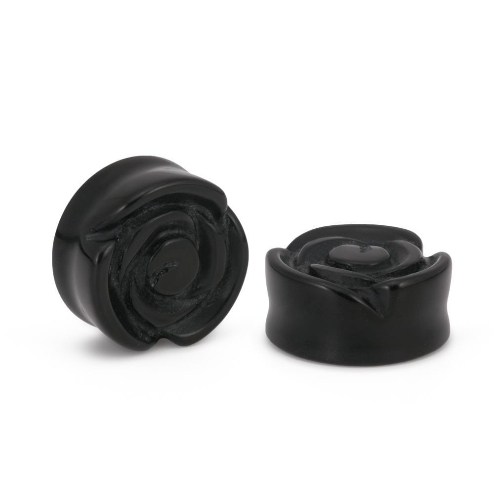 Double Flared Rose Black Glass Stone Plug – Price Per 1