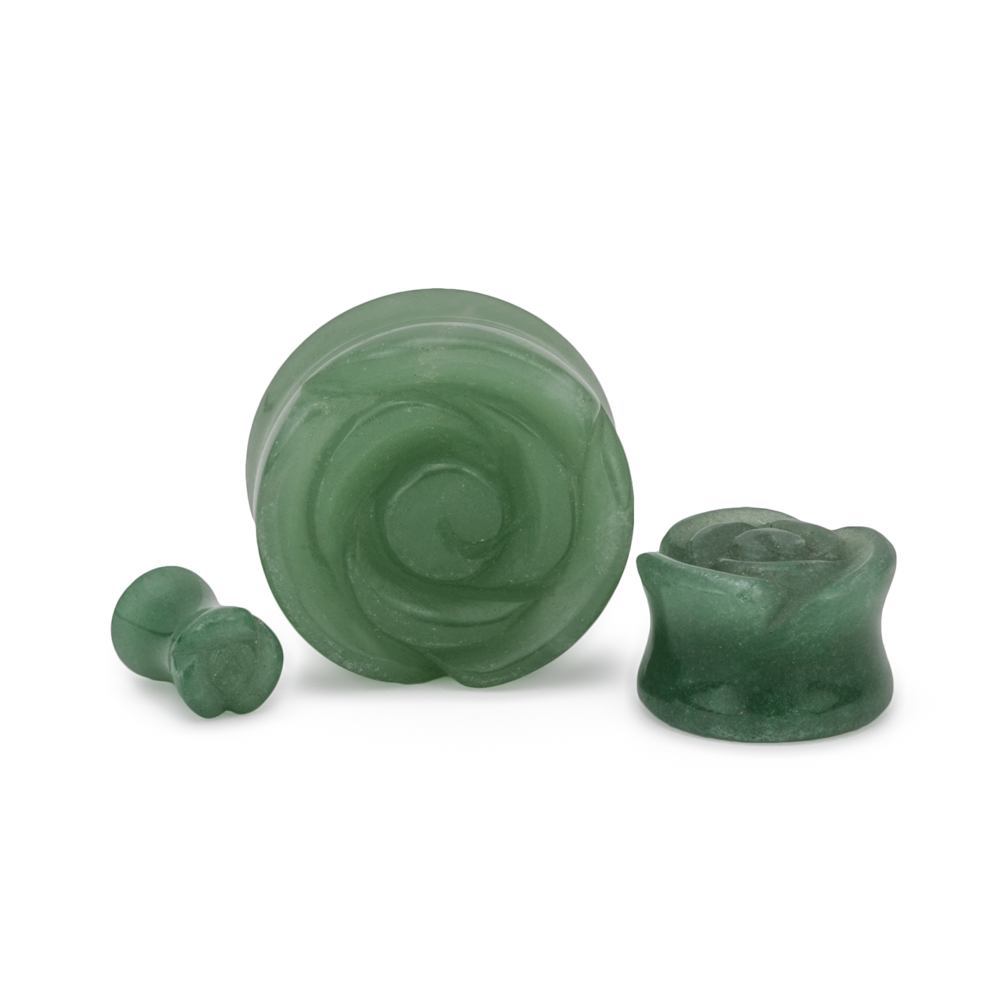 Green Aventurine Stone Plug with Carved Rose Front – 2g to 1” – Price Per 1
