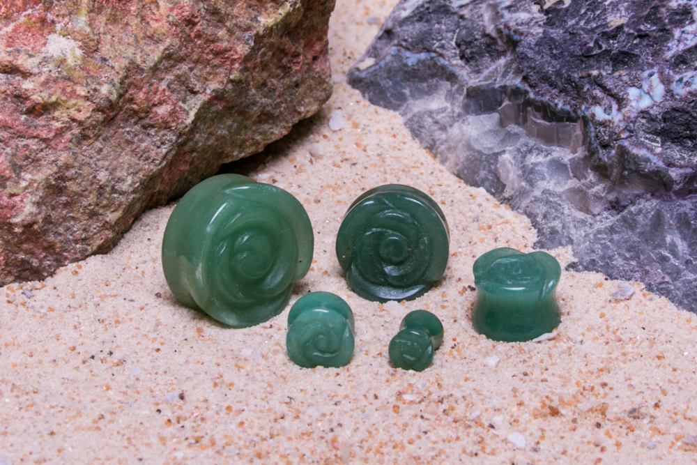 Green Aventurine Stone Plug with Carved Rose Front – 2g to 1” – Size Reference