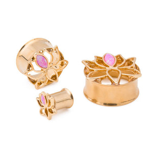 Double Flared PVD Gold Opal Lotus Flower Tunnel — Price Per 1 - Painful Pleasures