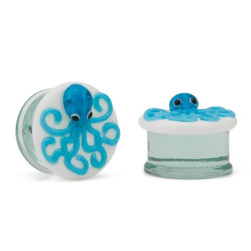 2g–1” Double Flared Blue Octopus Soda-Lime Glass Plug — Price Per 1