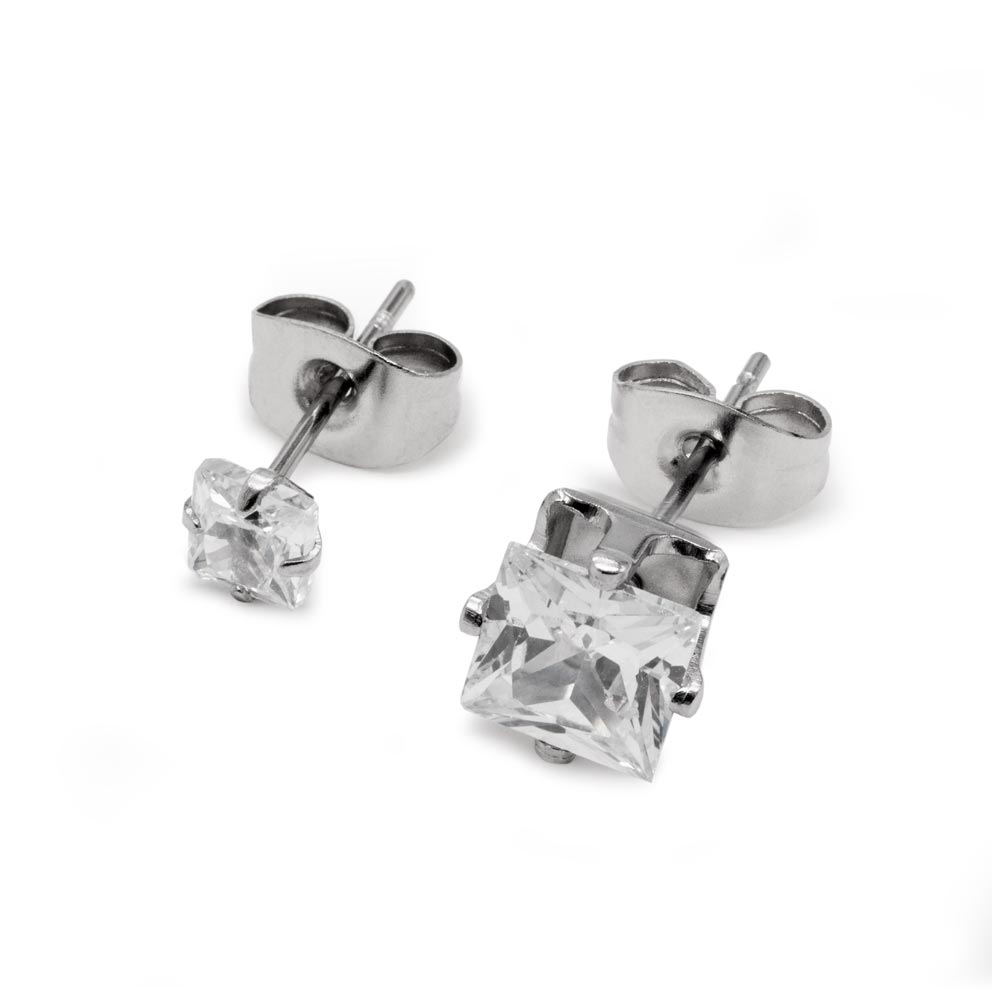 22g Square Crystal Jewel Stud Earrings — 6mm size modeled in silicone ear