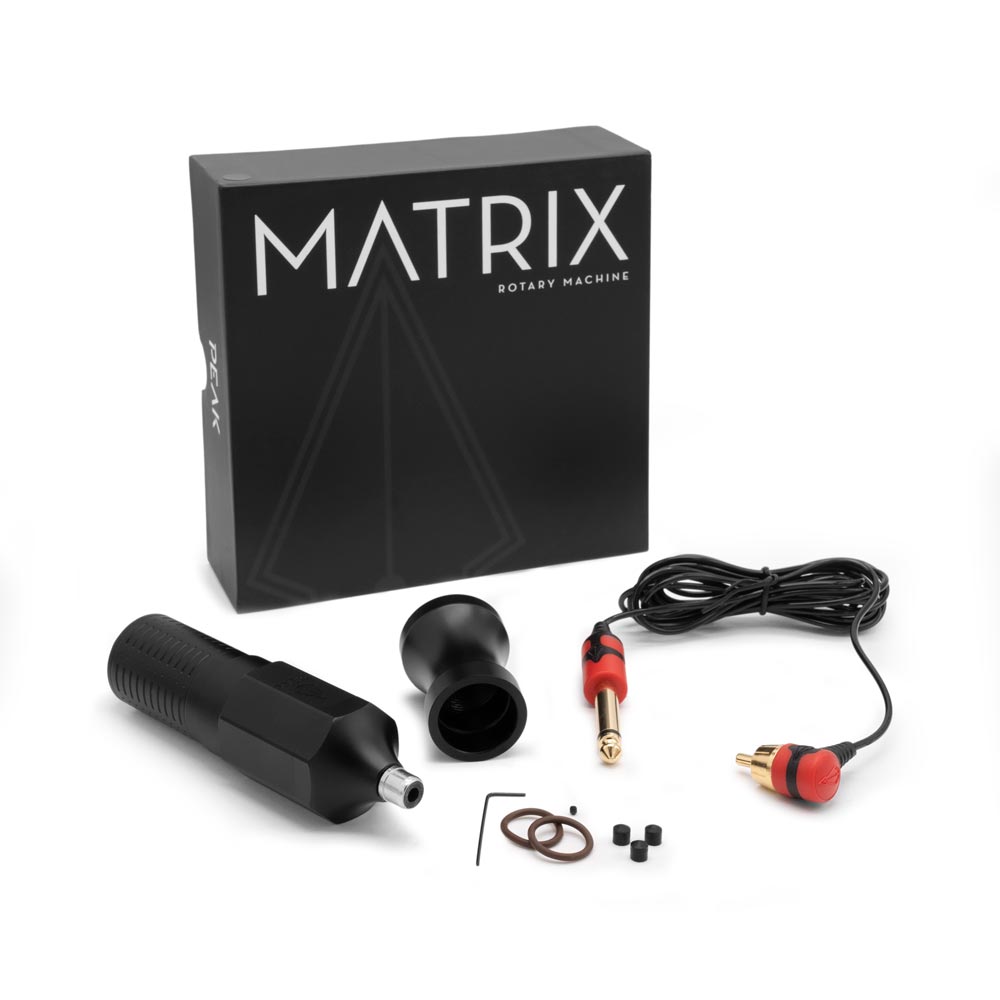 Peak Matrix Pen Rotary Tattoo Machine — Black — Packaging and Parts