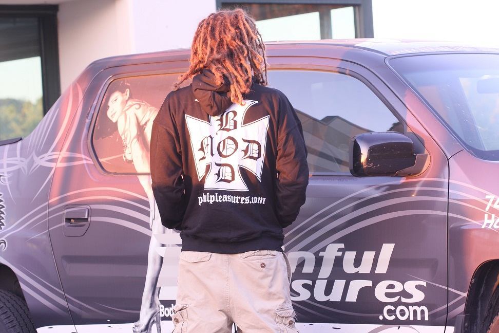 HOODED Black Sweat Shirt Painful Pleasures Bod Mod Design