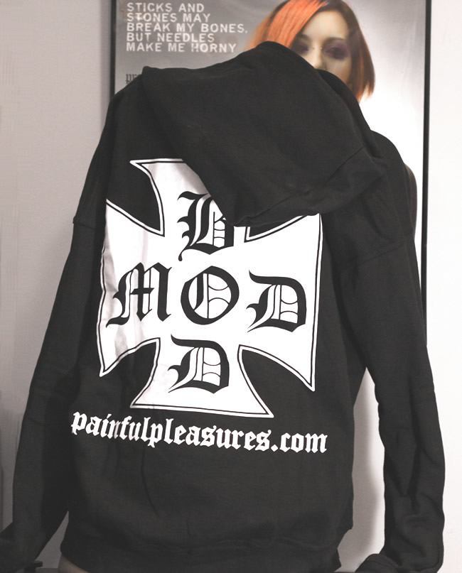 HOODED Black Sweat Shirt Painful Pleasures Bod Mod Design
