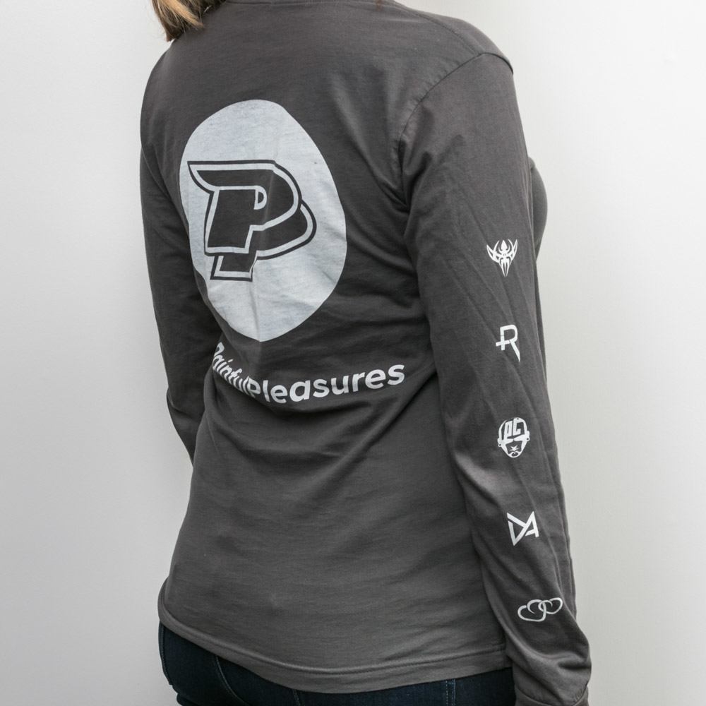 Painful Pleasures Unisex Grey Logo Long-Sleeve Shirt — Back View on Model