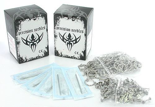 200 Sterile Needles, 100 Captive Bead Rings, and 100 Labrets - Piercing Kit