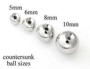 10g Stainless Steel Counter Sunk, Counterbored Balls in Various Sizes - Price Per 1 - Painful Pleasures