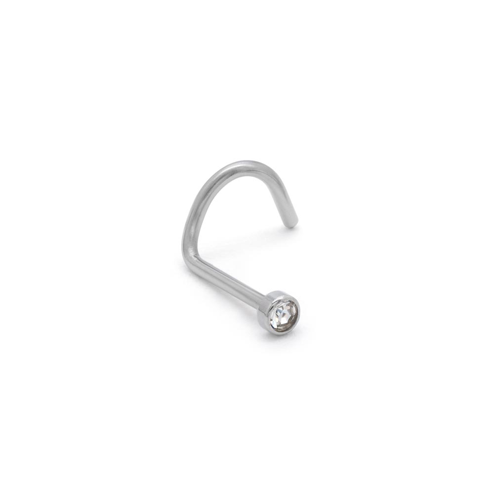 Front of 20g Bezel Set Flat Back Jeweled Nose Screw in Crystal on white background