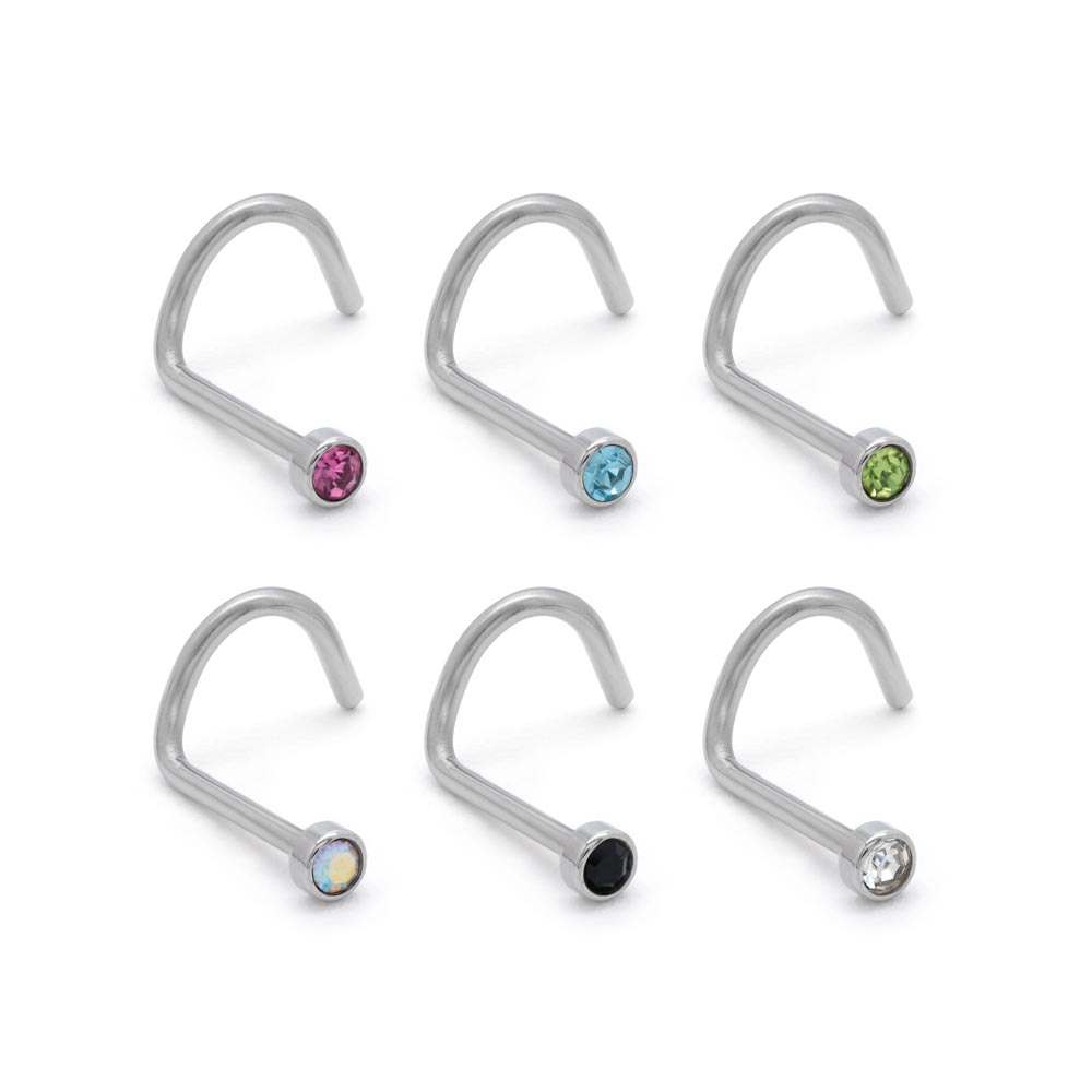 Front of 20g Bezel Set Flat Back Jeweled Nose Screw in Crystal on white background
