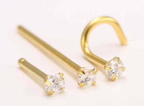 18g Nose Bone, Screw or Fishtail with 2.5mm CZ 24kt gold plated - Price Per 1