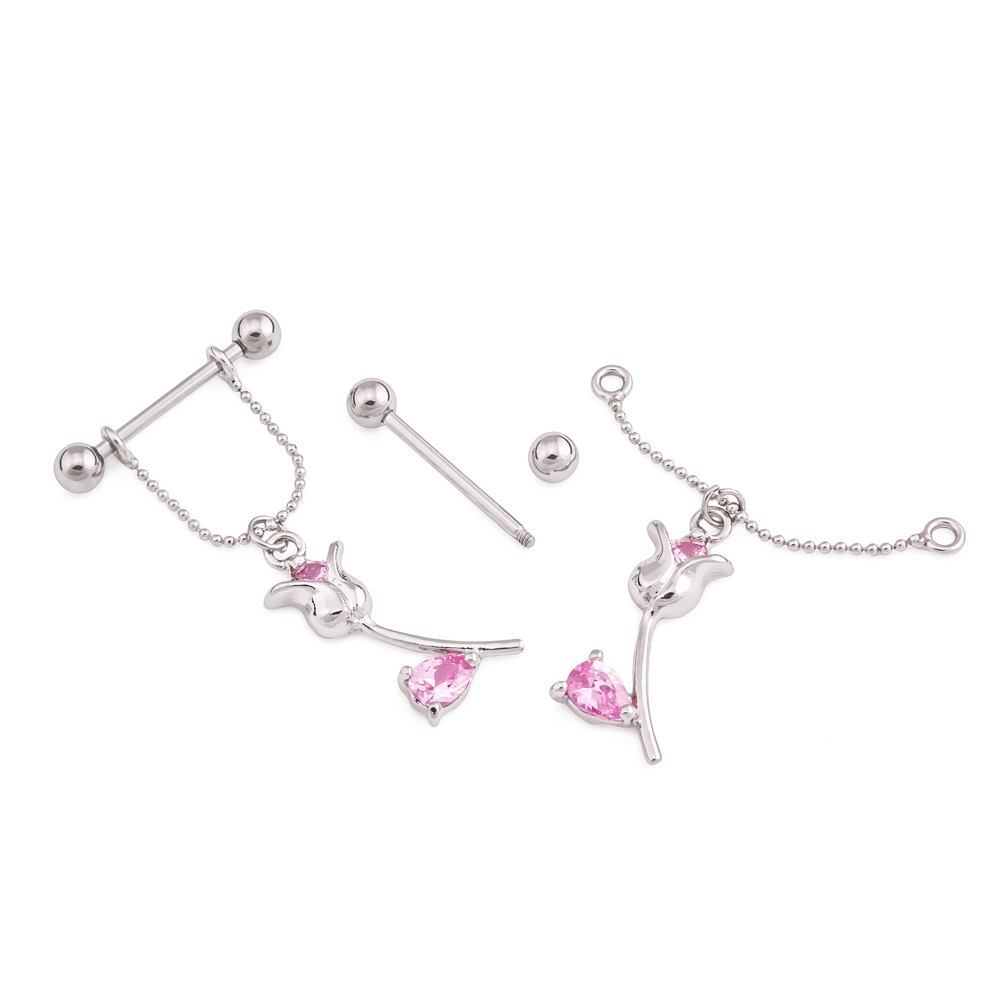14g Pink Rose Dangle Nipple Ring with Barbell