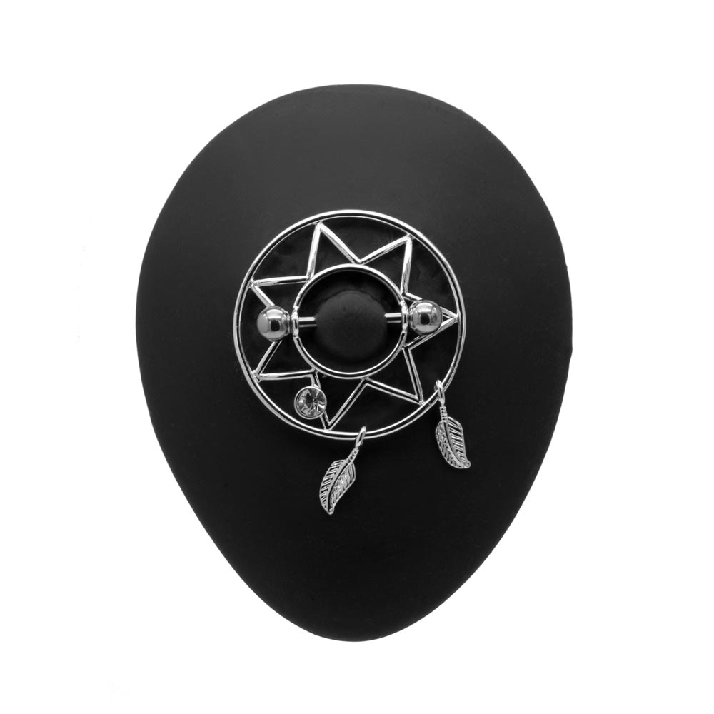 Star-Patterned Silver Nipple Shield and Feather Dangles On Display