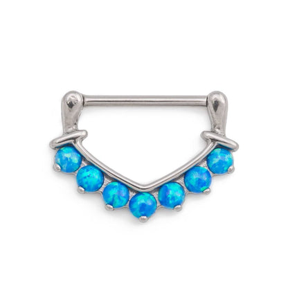 14g Seven Opal V-Shaped Steel Nipple Clicker - Painful Pleasures