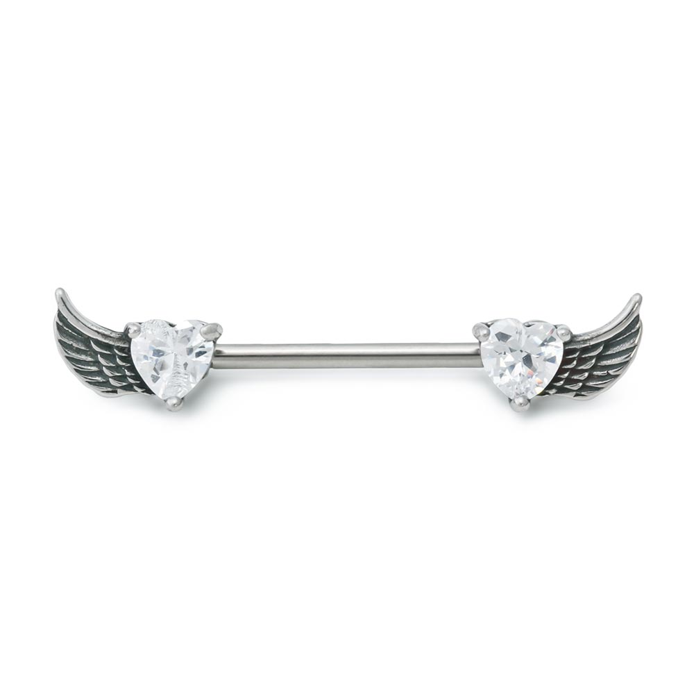 14g 9/16” Winged Crystal Heart Steel Nipple Barbell — Price Per 1