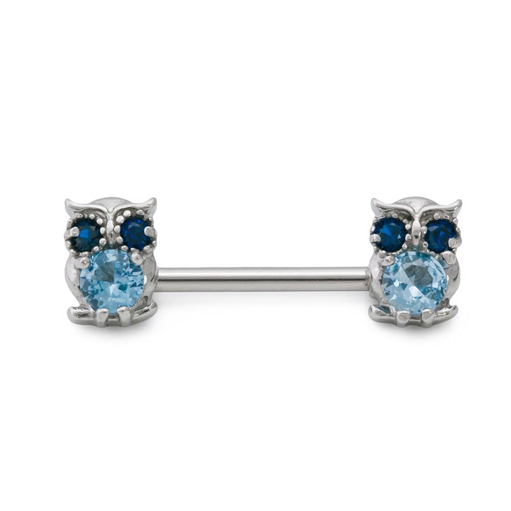 14g 9/16” Glass Jeweled Owl Steel Nipple Barbell — Price Per 1