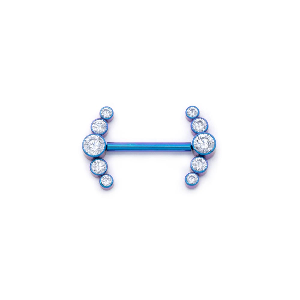 14g 9/16” Crystal Jewel Arrow Titanium Push Pop Nipple Barbell plain finish next to anodized blue