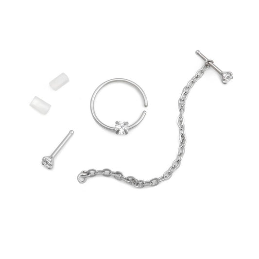 Crystal Nose Bone Chain and Ring Jewelry Set — All Pieces Disassembled