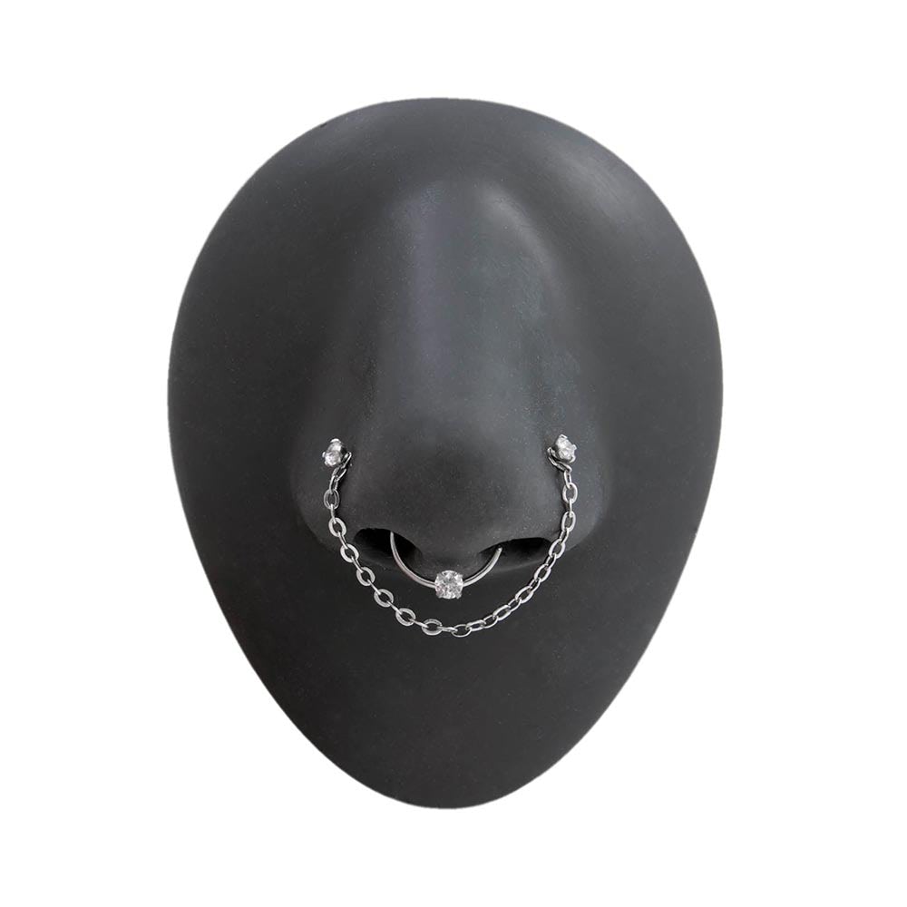 Crystal Nose Bone Chain and Ring Jewelry Set on Silicone Nose Body Bit — Front View