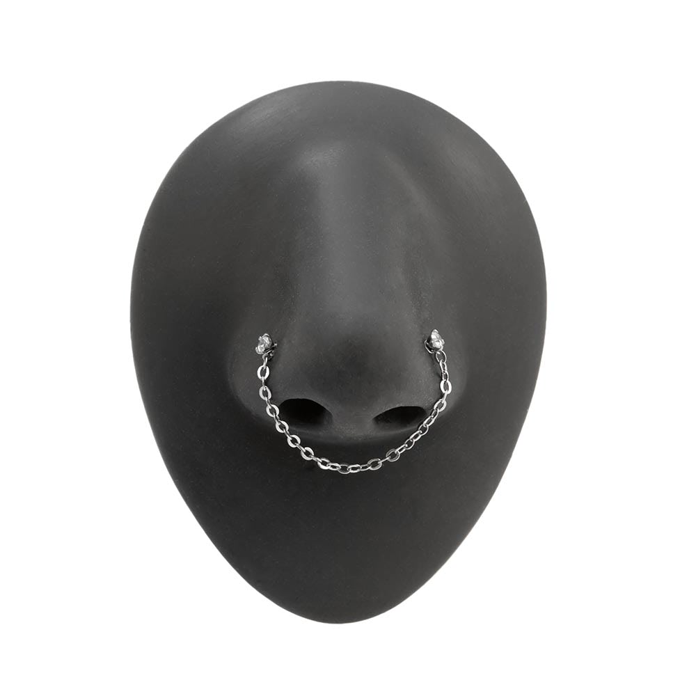 20g 1/4” Crystal Nose Bones with Chain — Prong Set Jewel on Silicone Nose (Front)