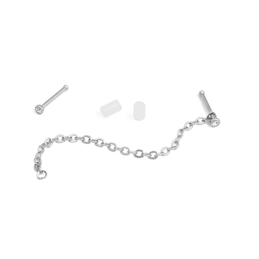 20g 1/4” Crystal Nose Bones with Chain — Bezel Set Jewel — Disassembled