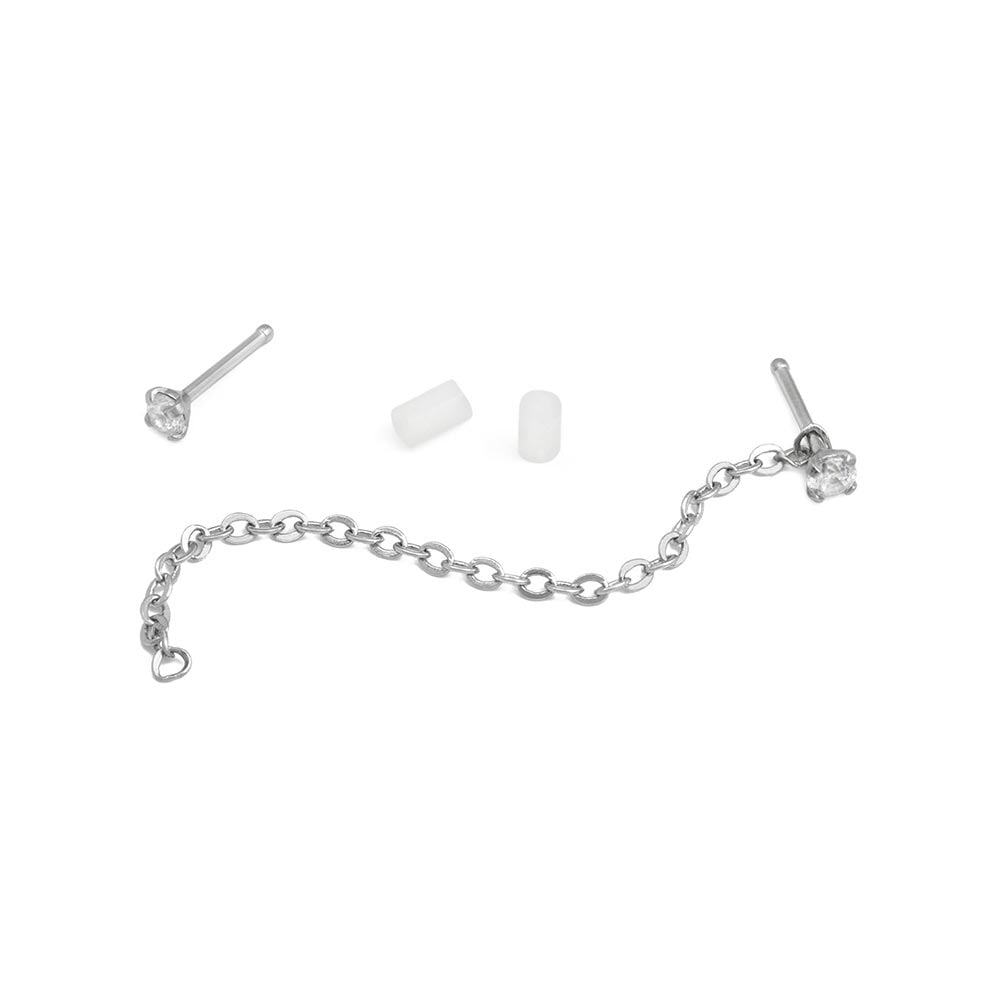20g 1/4” Crystal Nose Bones with Chain — Prong Set Jewel — Disassembled