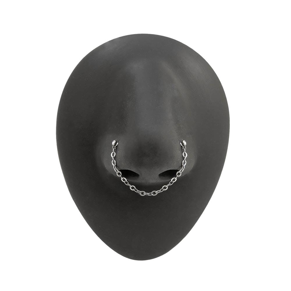 20g 1/4” Crystal Nose Bones with Chain — Bezel Set Jewel on Silicone Nose (Front)