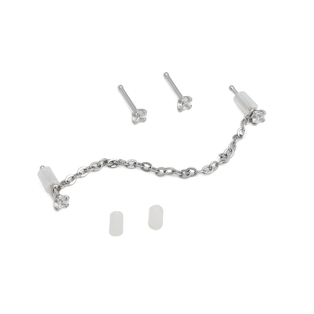 20g 1/4” Crystal Nose Bone Jewelry Set — One Pair with Chain Plus Two Studs