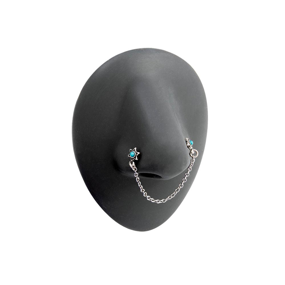 20g 1/4” Teal Opal Star Nose Bones with Chain on Silicone Nose Body Bit