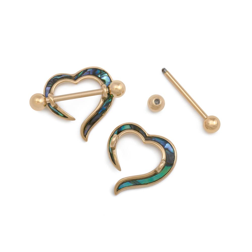 PVD Gold Mother of Pearl Heart Nipple Shield Jewelry — Pair