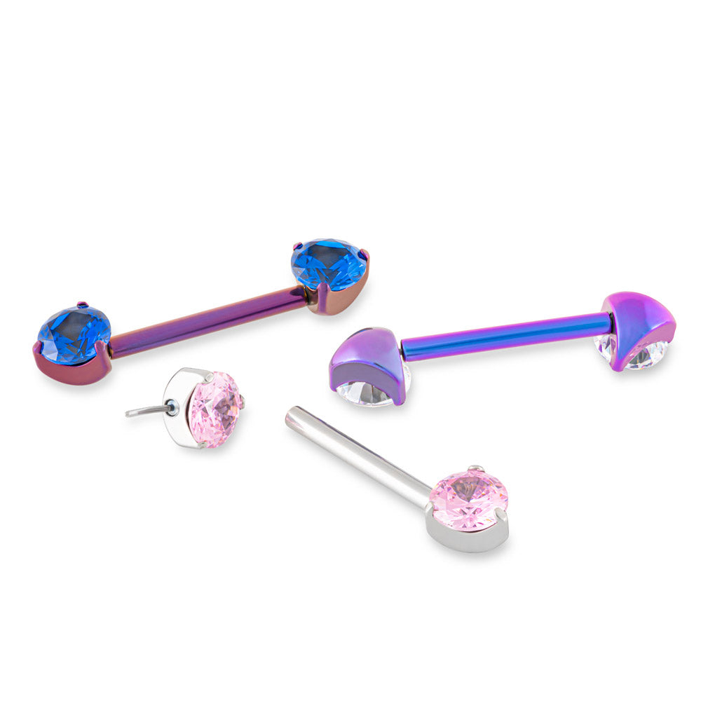 Tilum 14g ~9/16” Prong-Set Jewel Threadless Titanium Nipple Barbell — Price Per 1