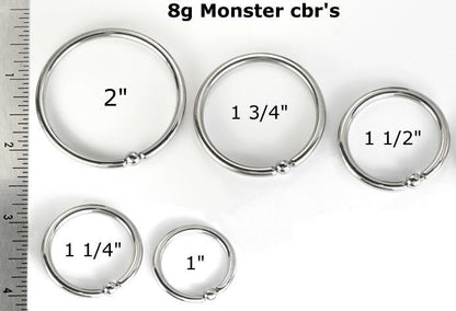 8g Stainless Steel Captive Bead Ring - Size Chart