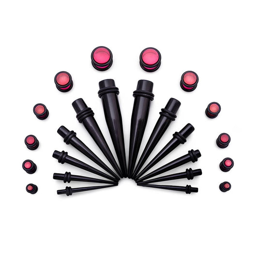 Ear Stretching Kit — 8g–00g Black Acrylic Tapers and Pink Plugs — 24 Pieces