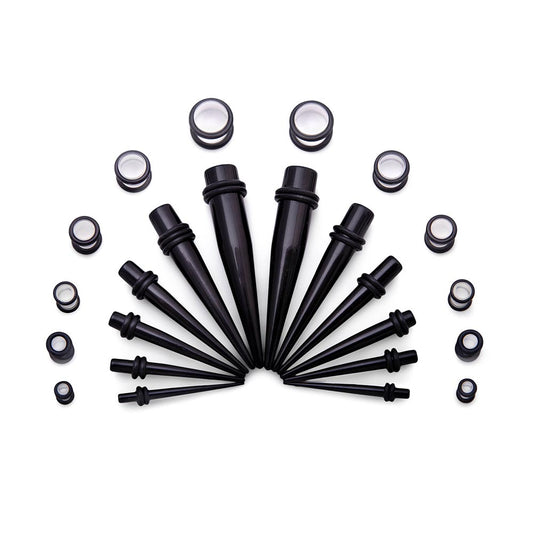 Ear Stretching Kit — 8g–00g Black Acrylic Tapers and Clear Plugs — 24 Pieces
