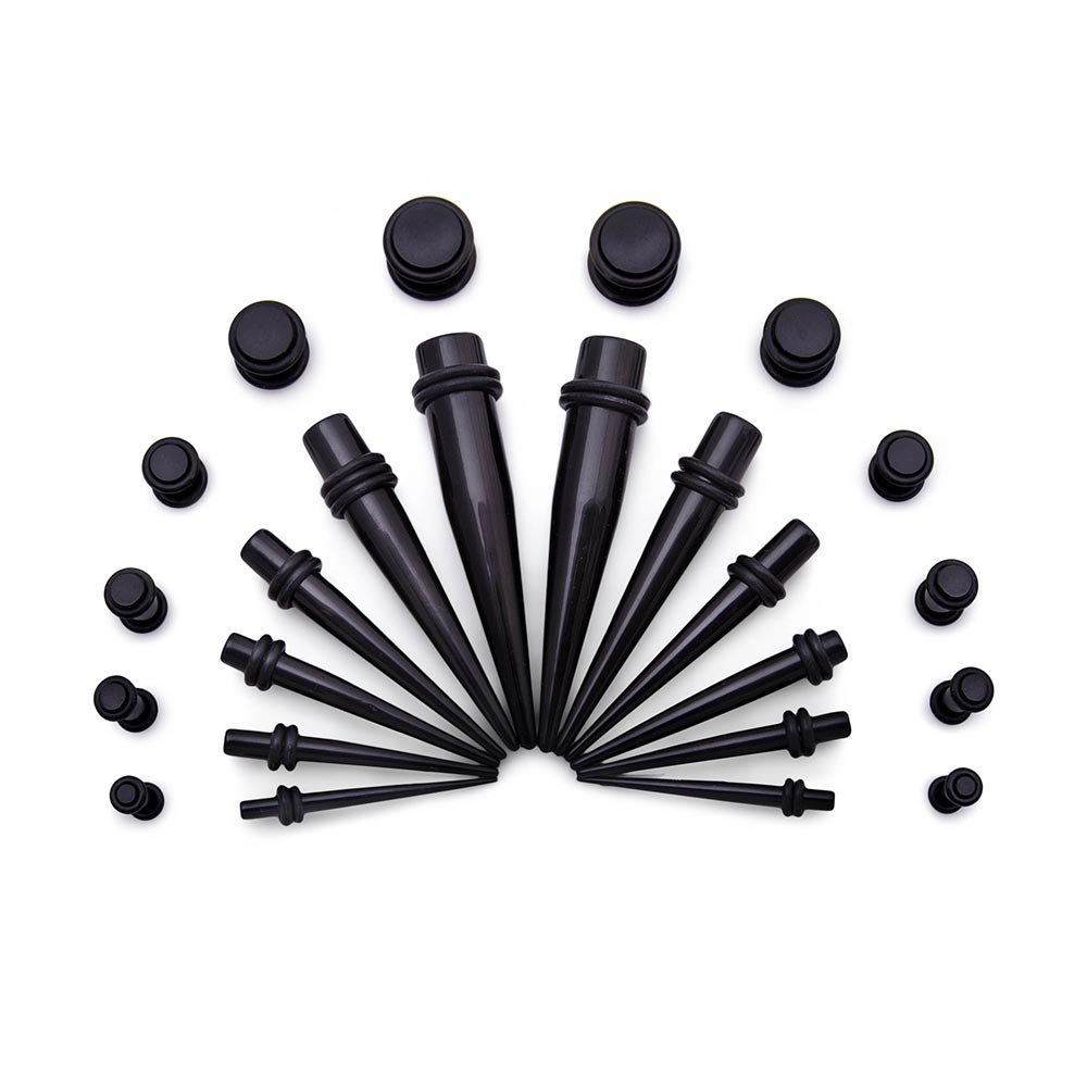Ear Stretching Kit — 8g–00g Black Acrylic Tapers and Black Plugs — 24 Pieces