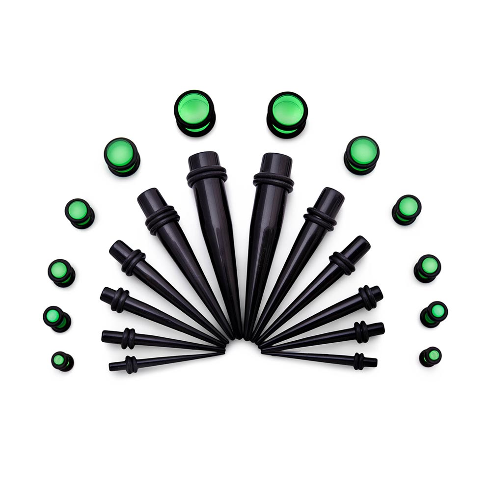 Ear Stretching Kit — 8g–00g Black Acrylic Tapers and Green Plugs — 24 Pieces
